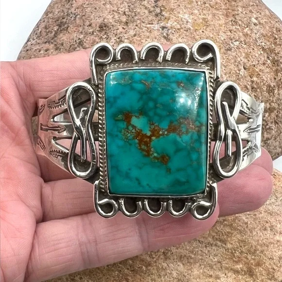 Navajo Fred Harvey Southwest Sterling Silver Natural Turquoise Cuff Bracelet 7" - Picture 3 of 8